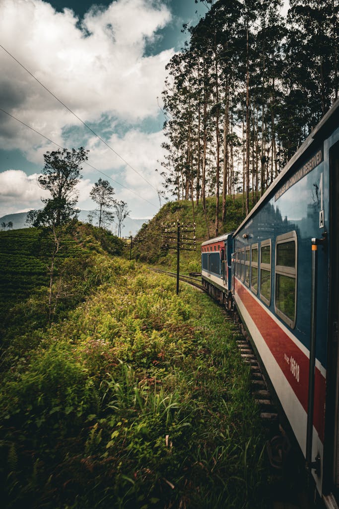 Beautiful scenic train ride through lush landscapes of Ella, in Sri Lanka's hill country.