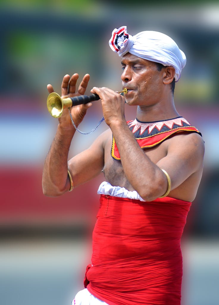 Traditional Sri Lankan musician performs in colorful attire with a horn.